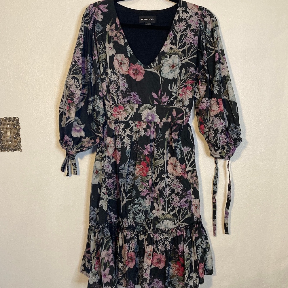 fifteen twenty floral puff sleeve tie waist ruffle hem dress